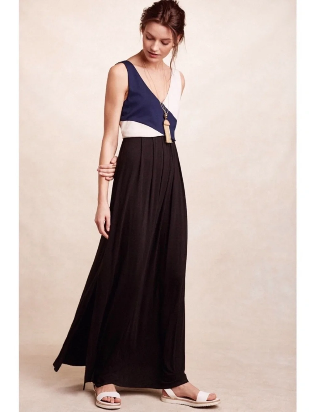 Anthropologie Maeve Elysian Soft Stretch Jersey Knit Colorblock Maxi Dress Large
